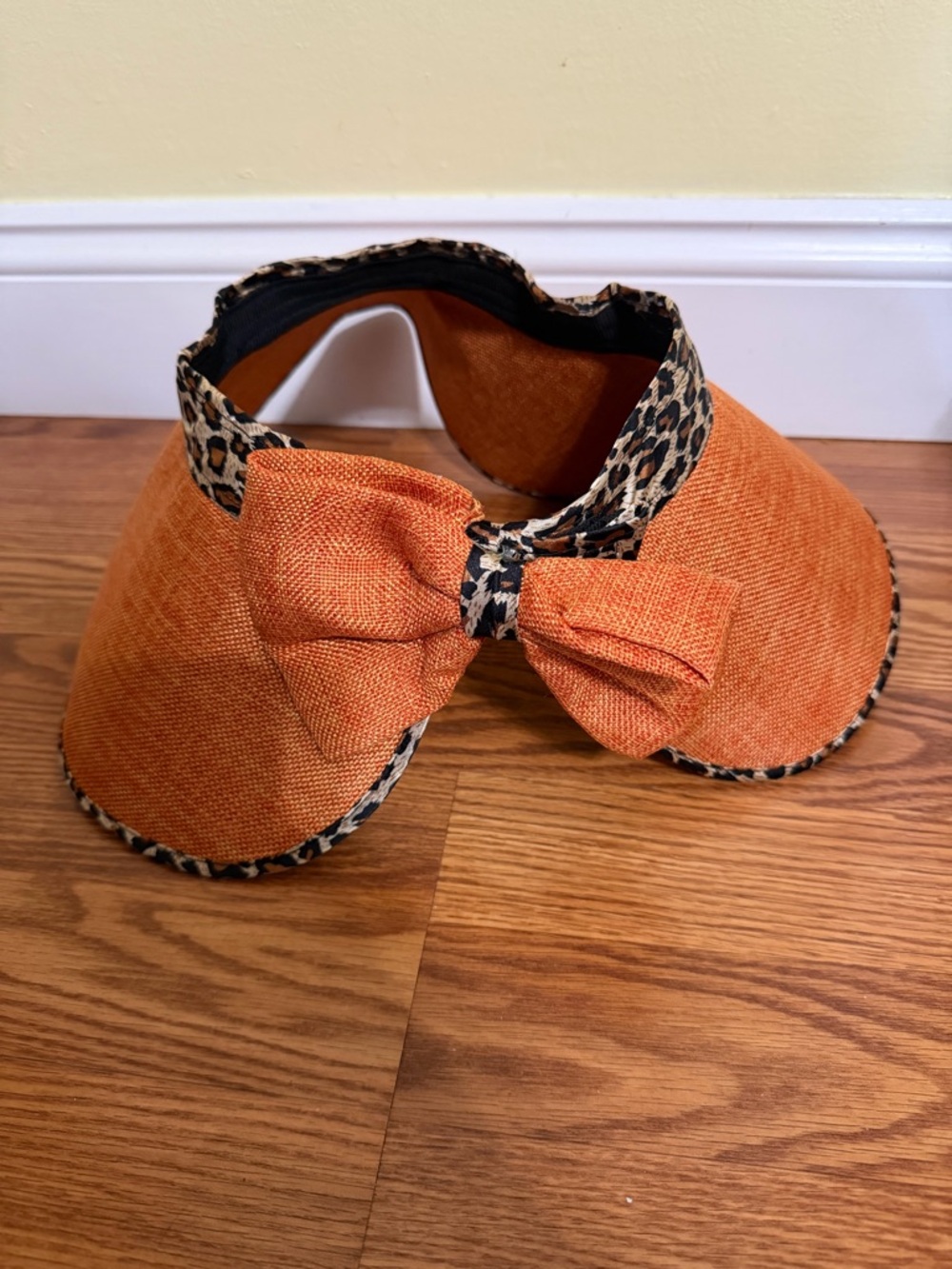 Vintage Milani Designed in Italy Roll-Up Straw Visor Leopard Trim & Bow One Size